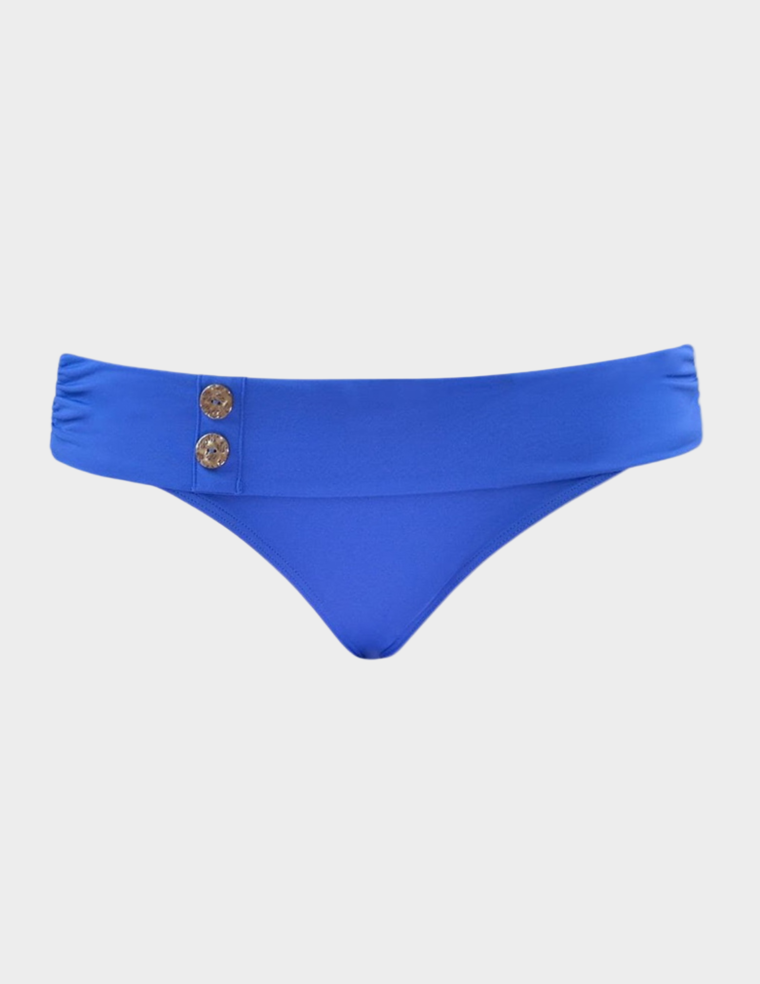 Blue bikini bottom with button details on a white background