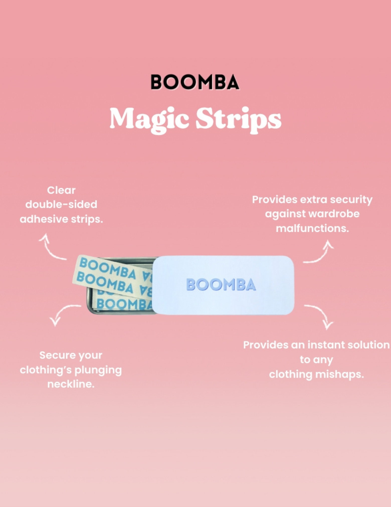 Boomba Magic Strips advertisement on a pink background with text and product illustration.
