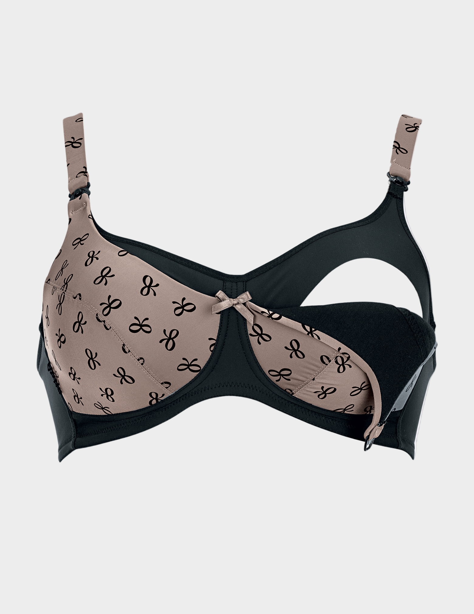 Black and beige nursing bra with bow pattern with one side unclipped