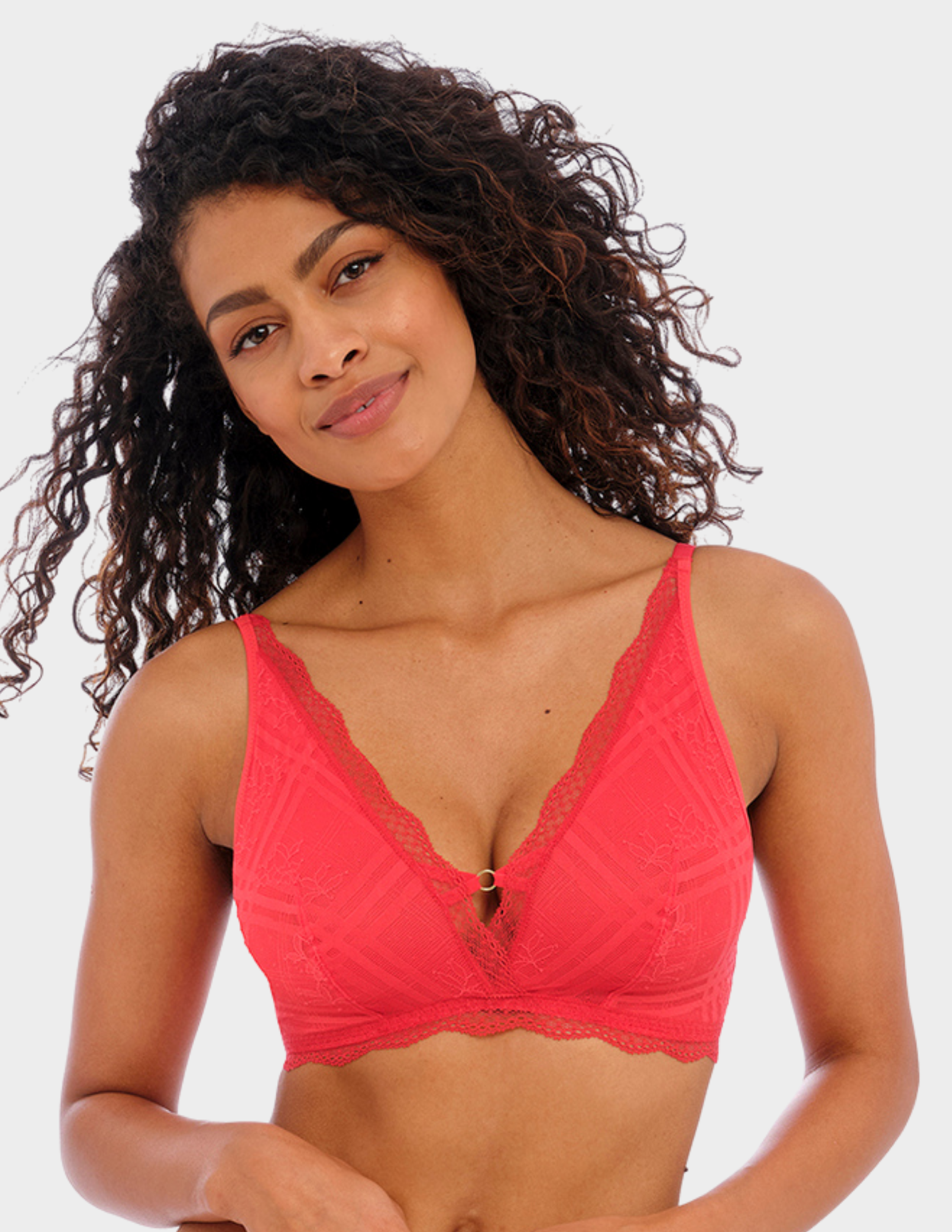 Front view of a model wearing Freya Fatale bralette in chili red