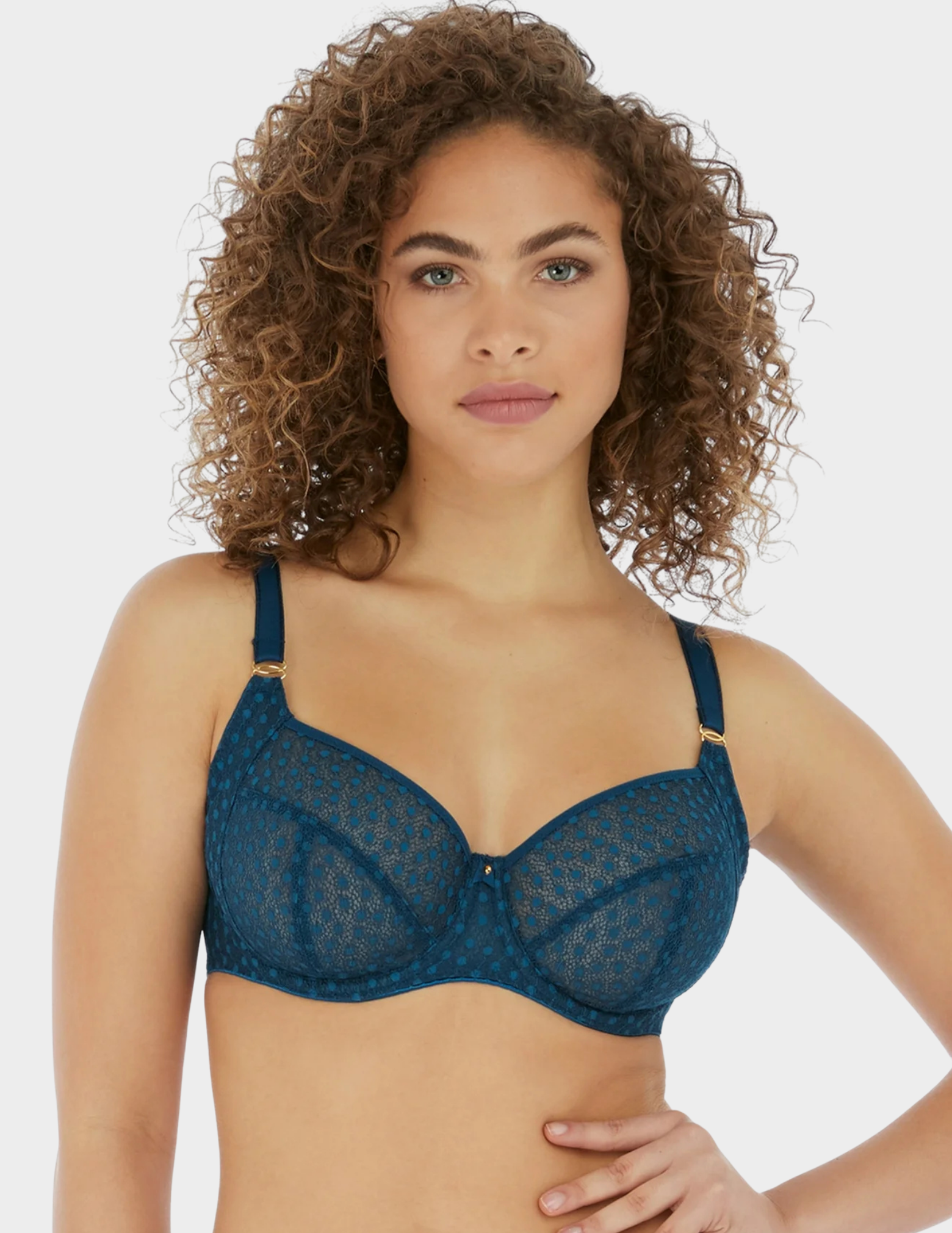 Front view of a model wearing Freya Starlight balconette bra in Poseidon