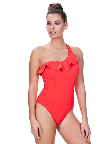 Freya Remix AS3949 Insanely Red Underwire Sculpt Frilled One Piece Swim Suit front view