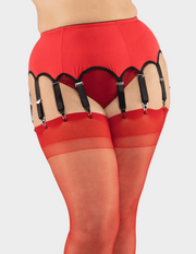 Front view of a model wearing Glamory Satin Garter Belt in Red with black trim and straps