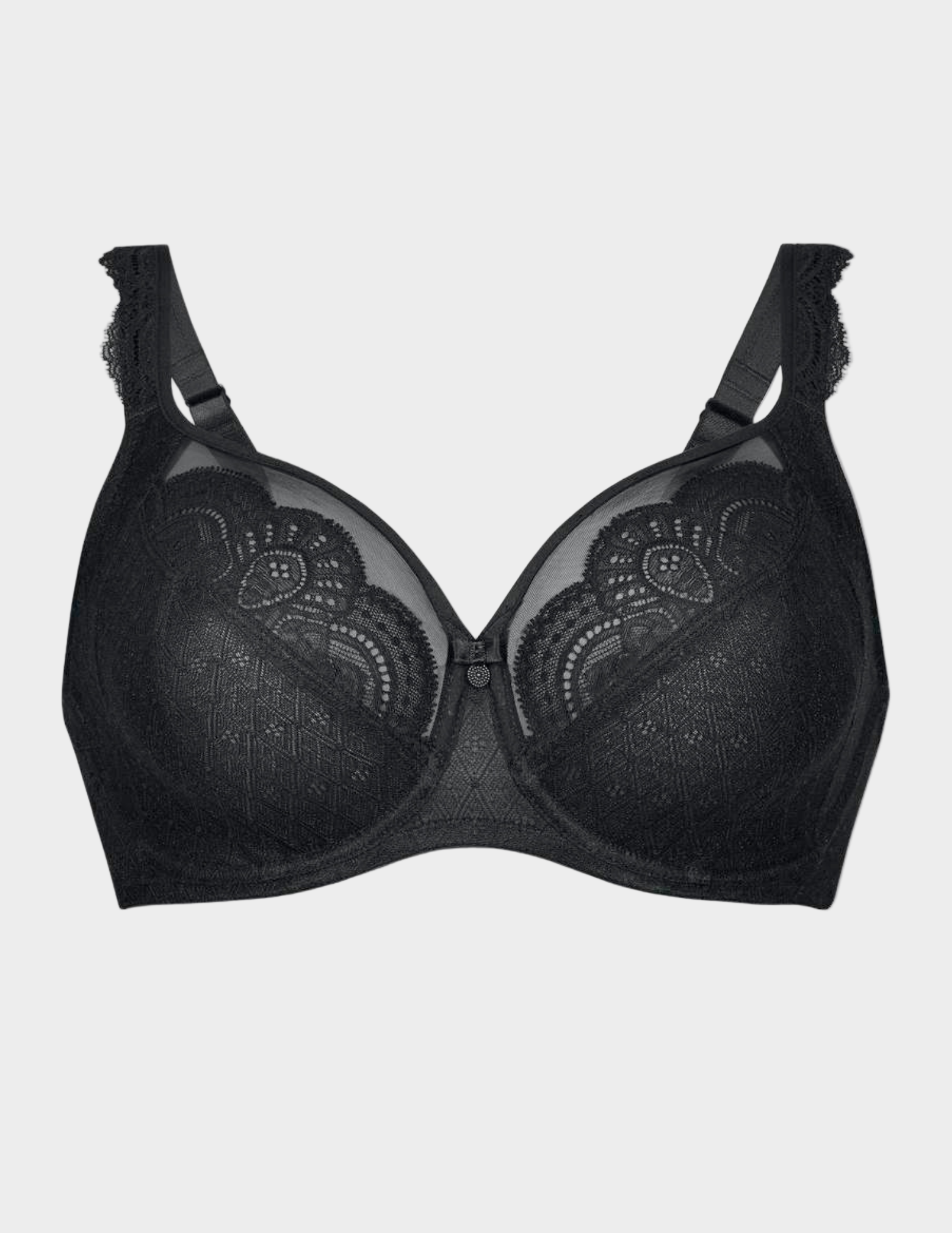 Black bra with lace detailing on a light gray background