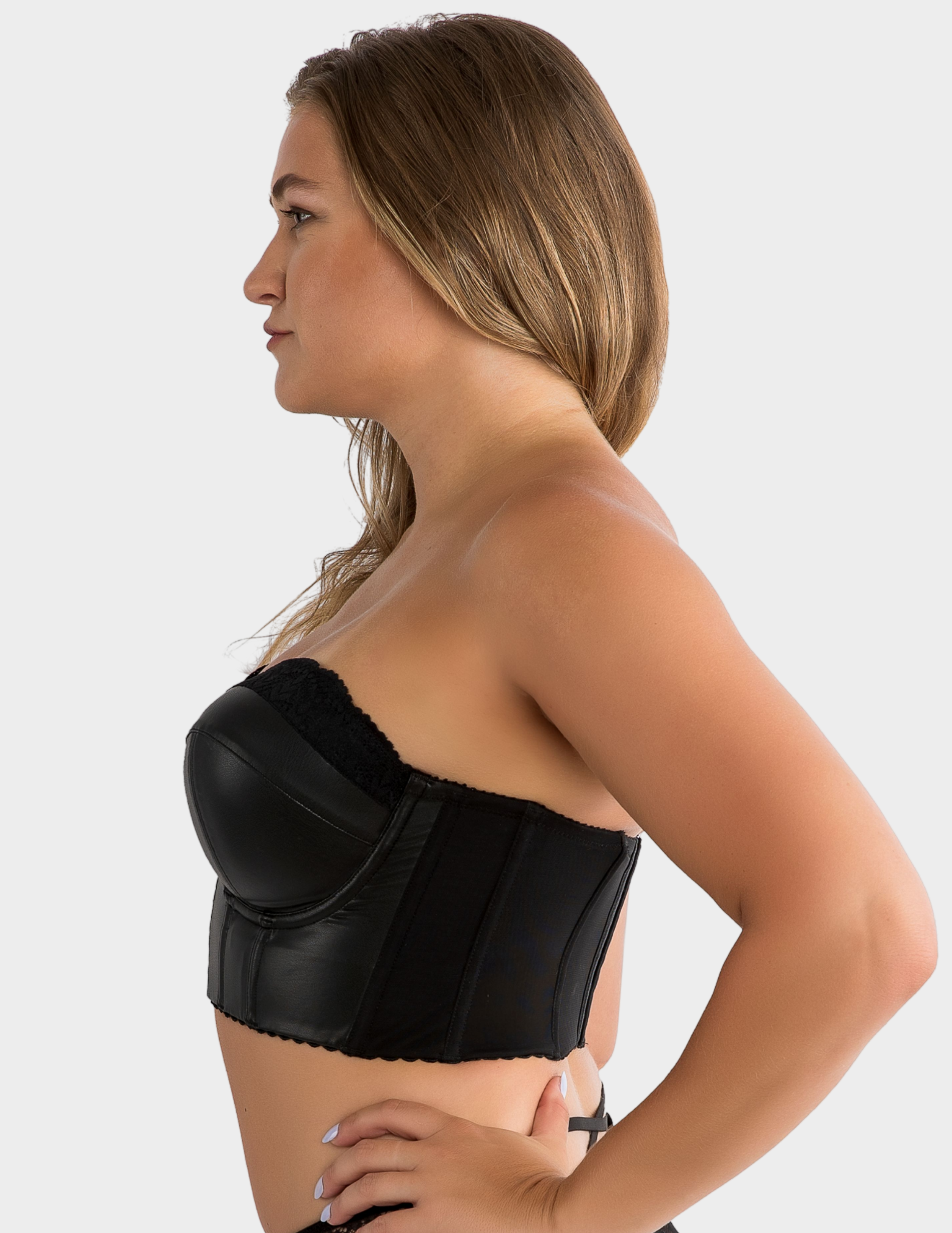 Side view of a model wearing Parfait Stevie bustier bra in black