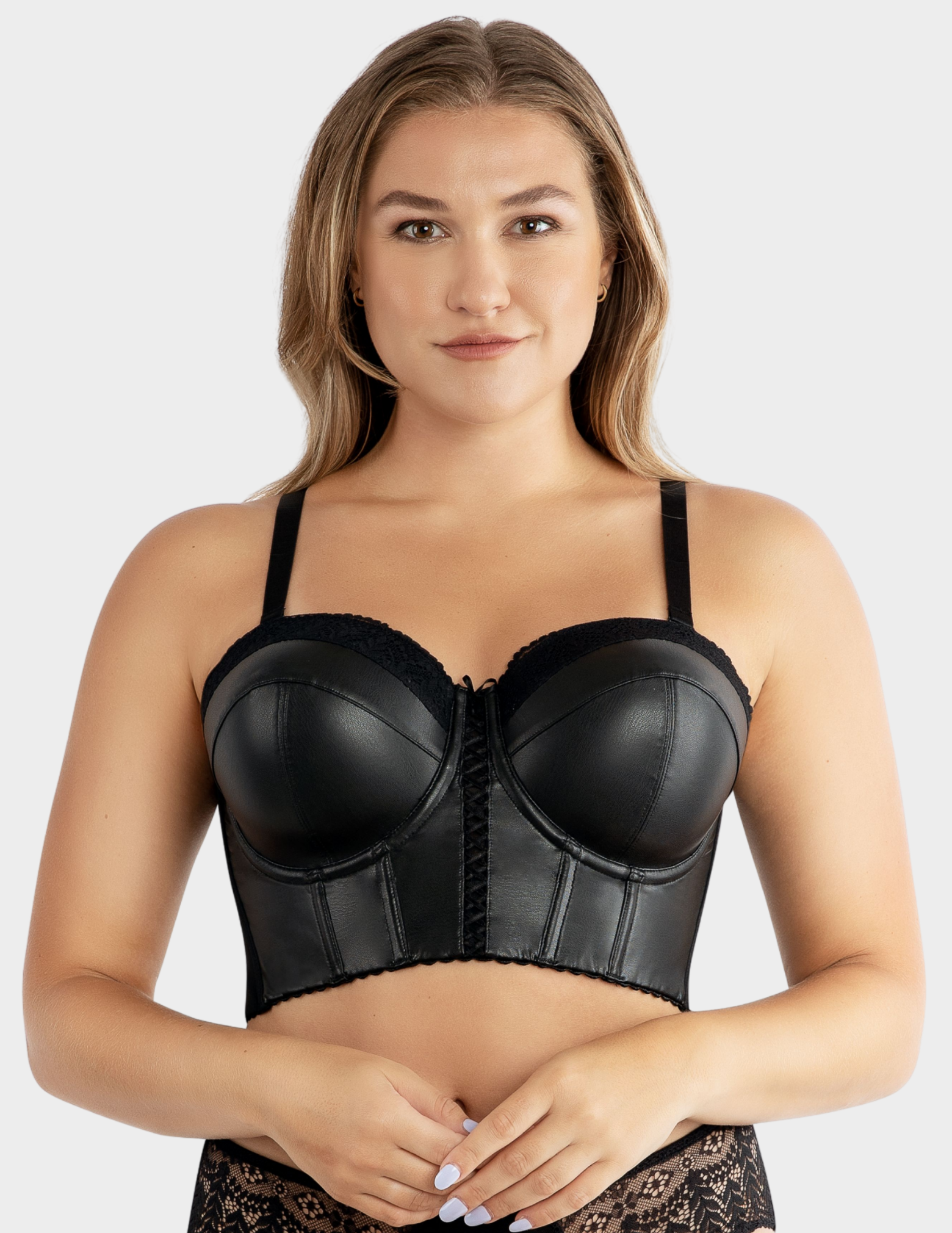Front view of a model wearing Parfait Stevie bustier bra in black with straps