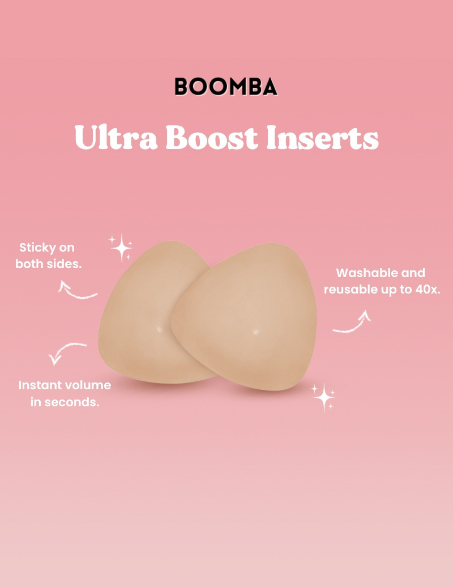 Boomba Ultra Boost Inserts on a pink background with text highlighting features.