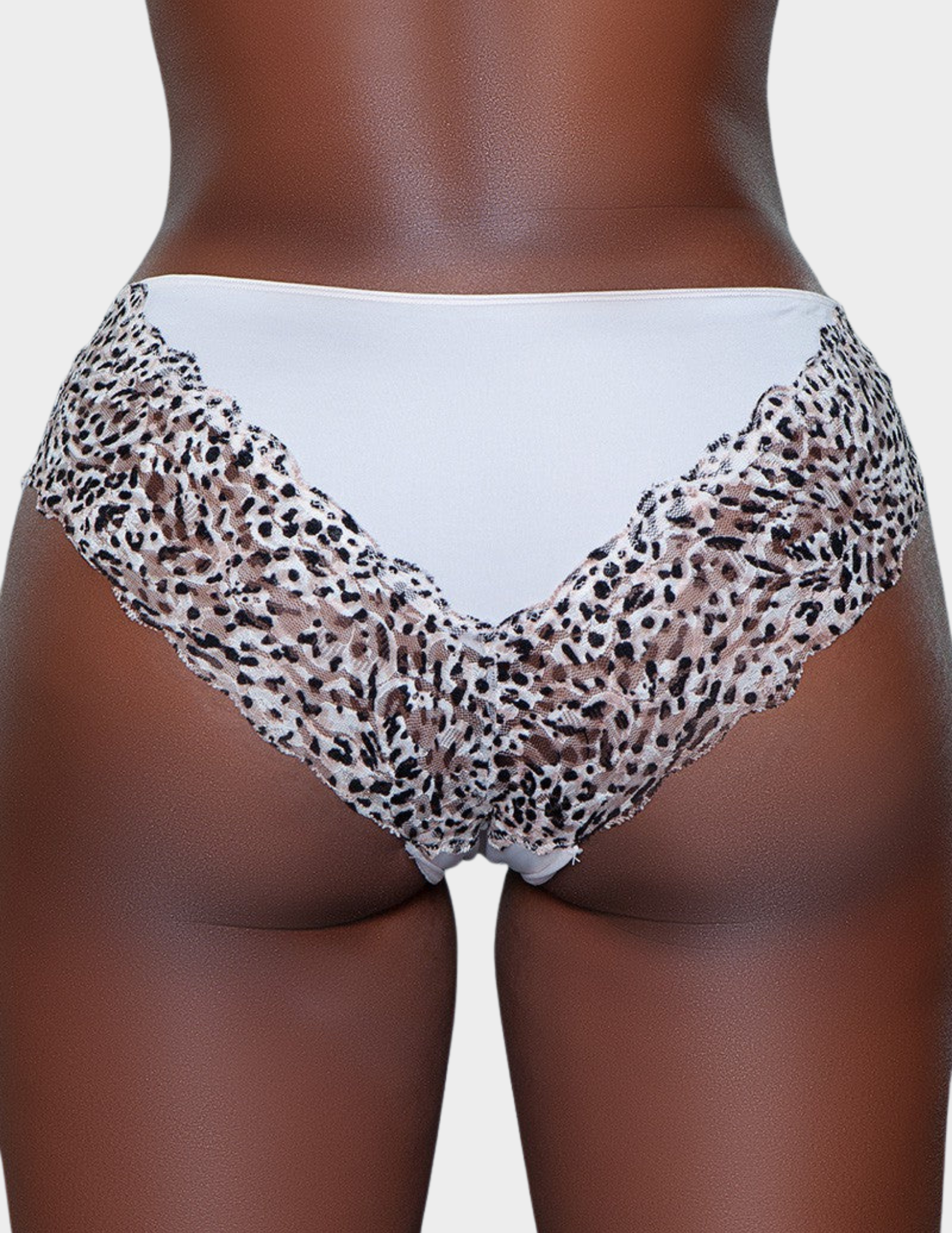 Back view of a model wearing leopard print lace underwear