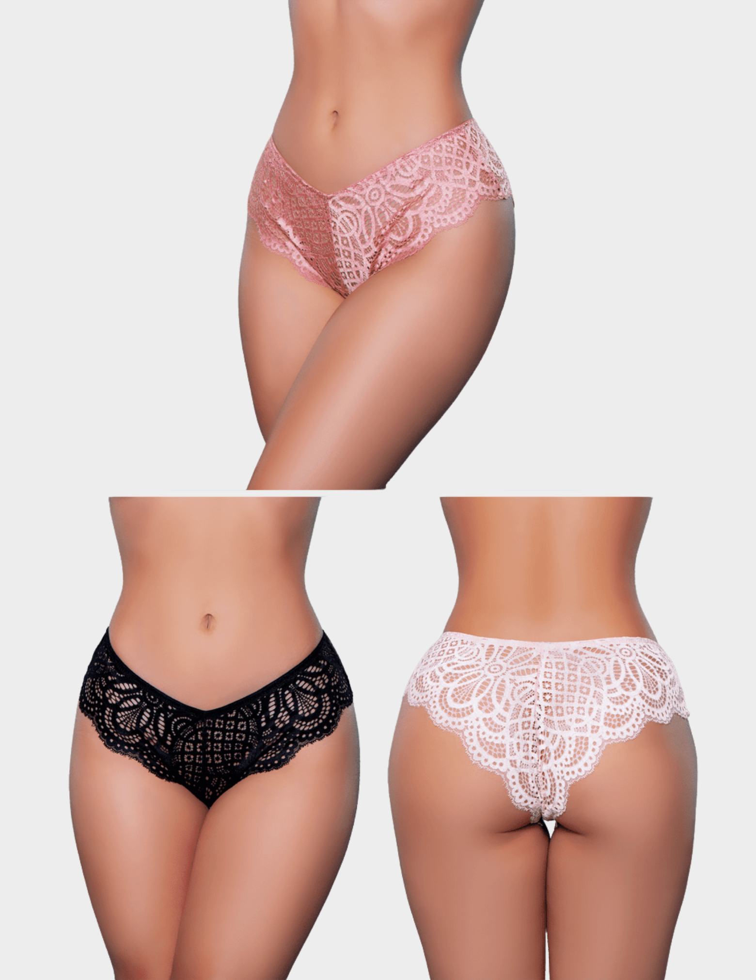 Three pairs of lace underwear in black, pink, and light pink on a plain background.