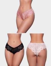 Three pairs of lace underwear in black, pink, and light pink on a plain background.