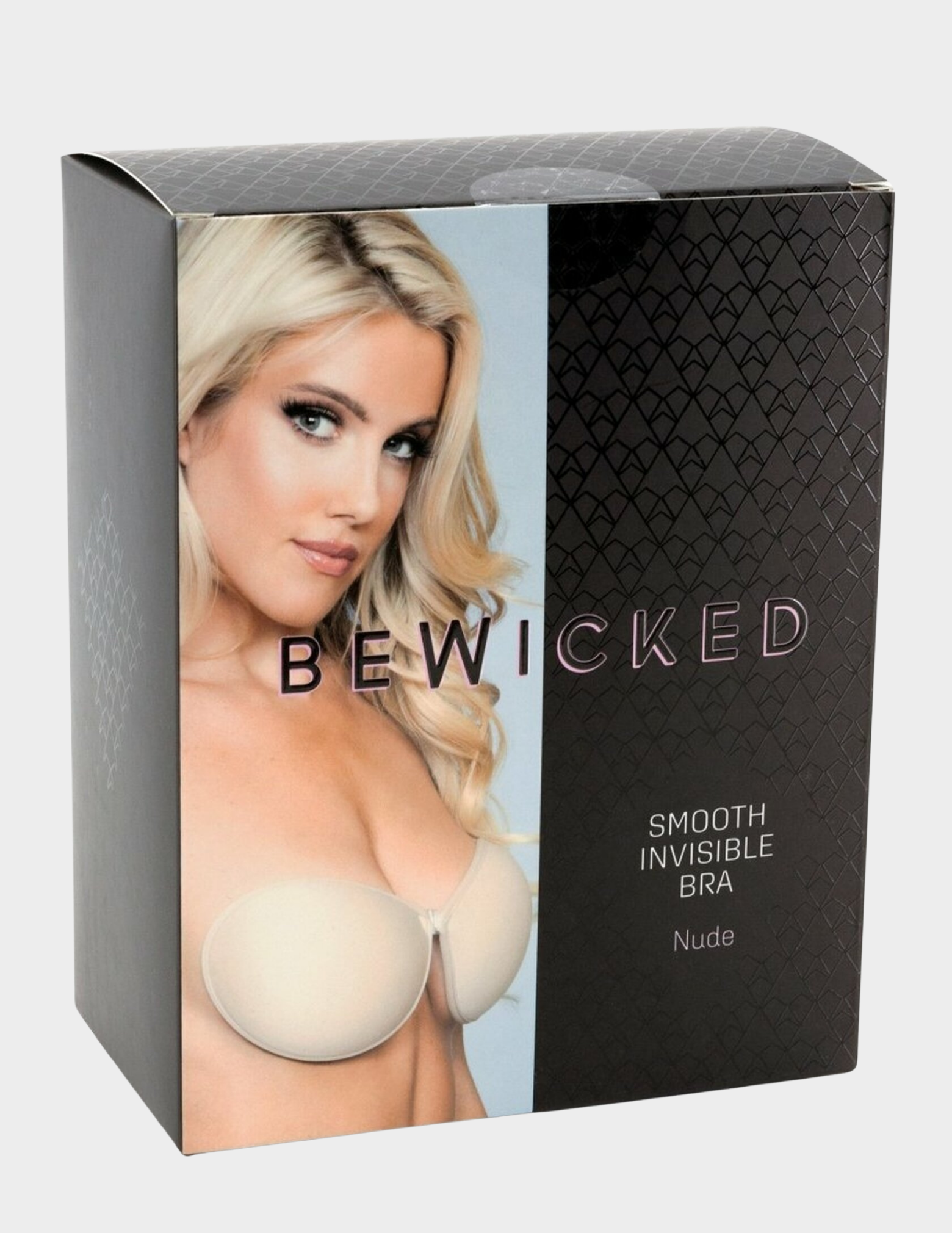 Box of 'Bewicked' smooth invisible bra with a model wearing the bra on a white background