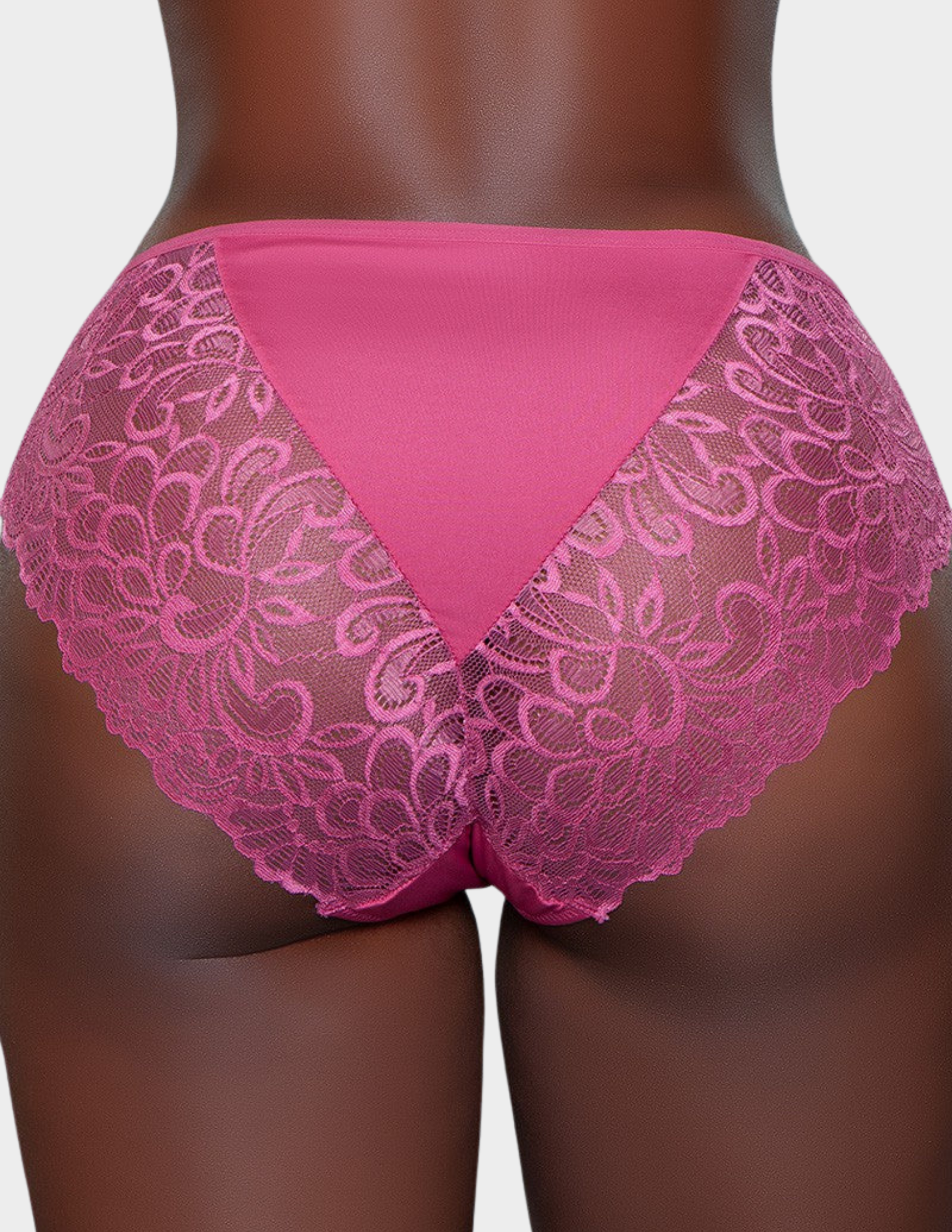 Back view of a model wearing pink lace underwear