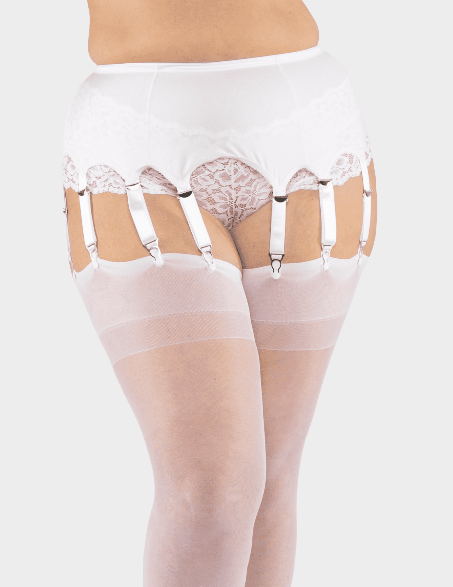 Front view of a model wearing Glamory Satin Garter Belt in White
