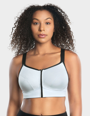 Front view of a model wearing Parfait Wave sports bra in Silver