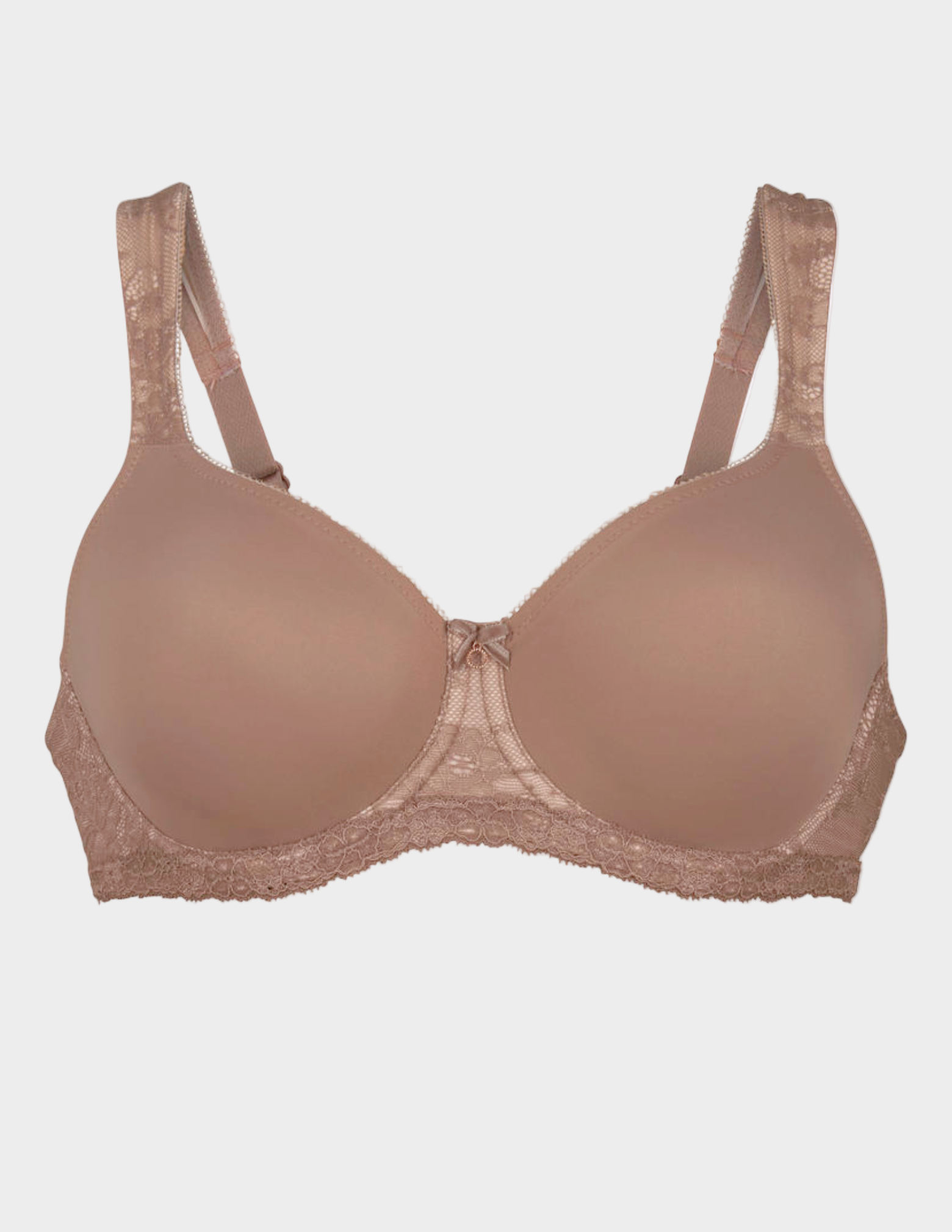 Brown bra with lace details on a white background