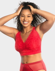Front view of a model wearing red Adriana lace bralette