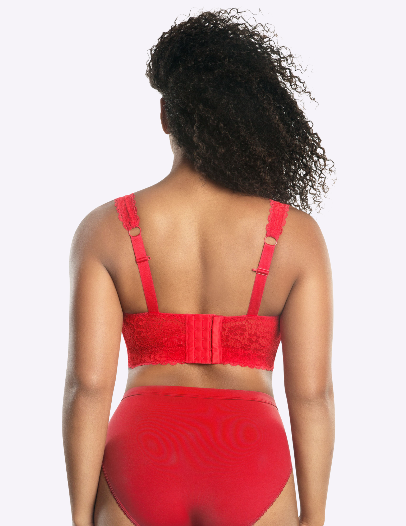 Back view of a model wearing red Adriana lace bralette