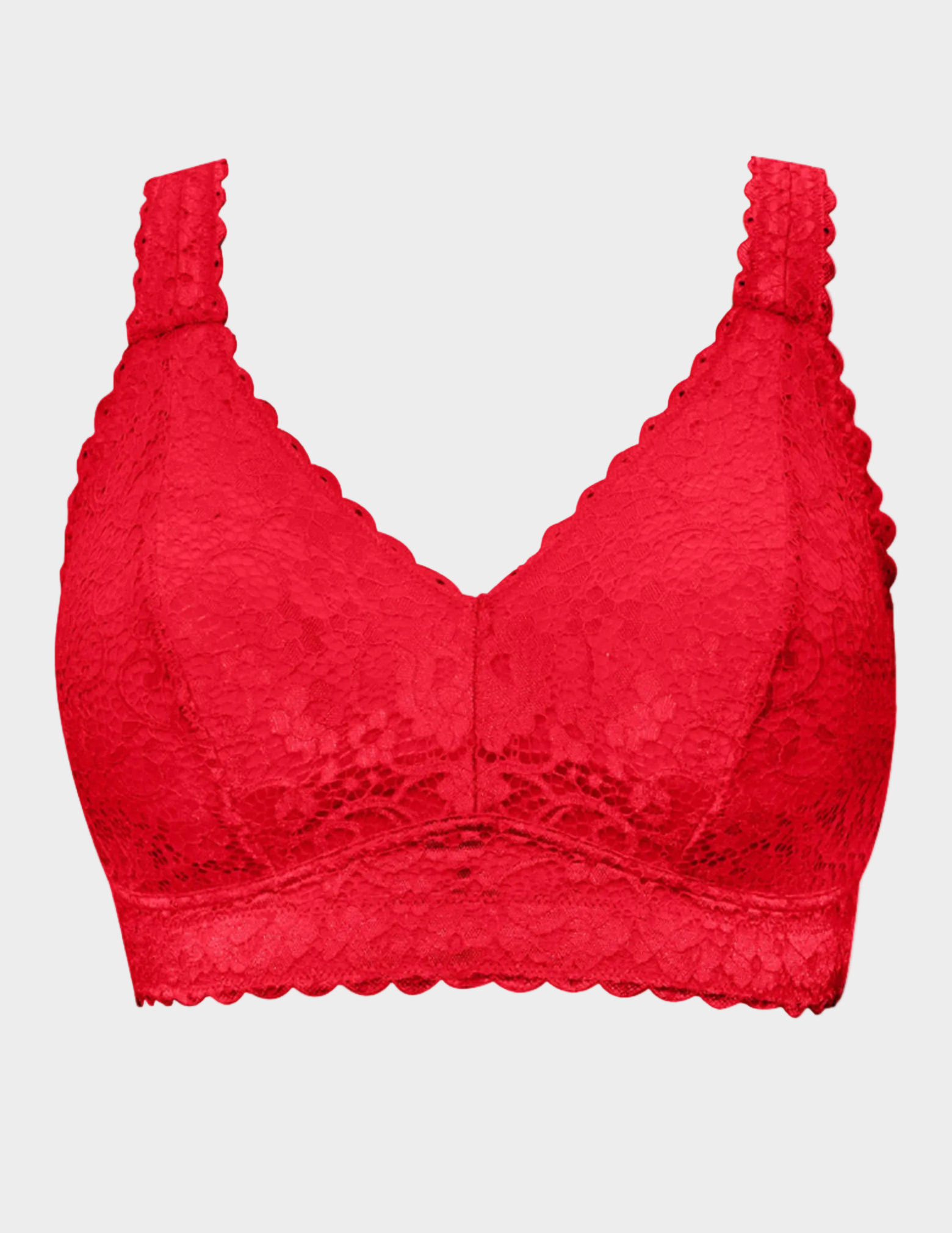 Red Adriana lace bralette on a white background