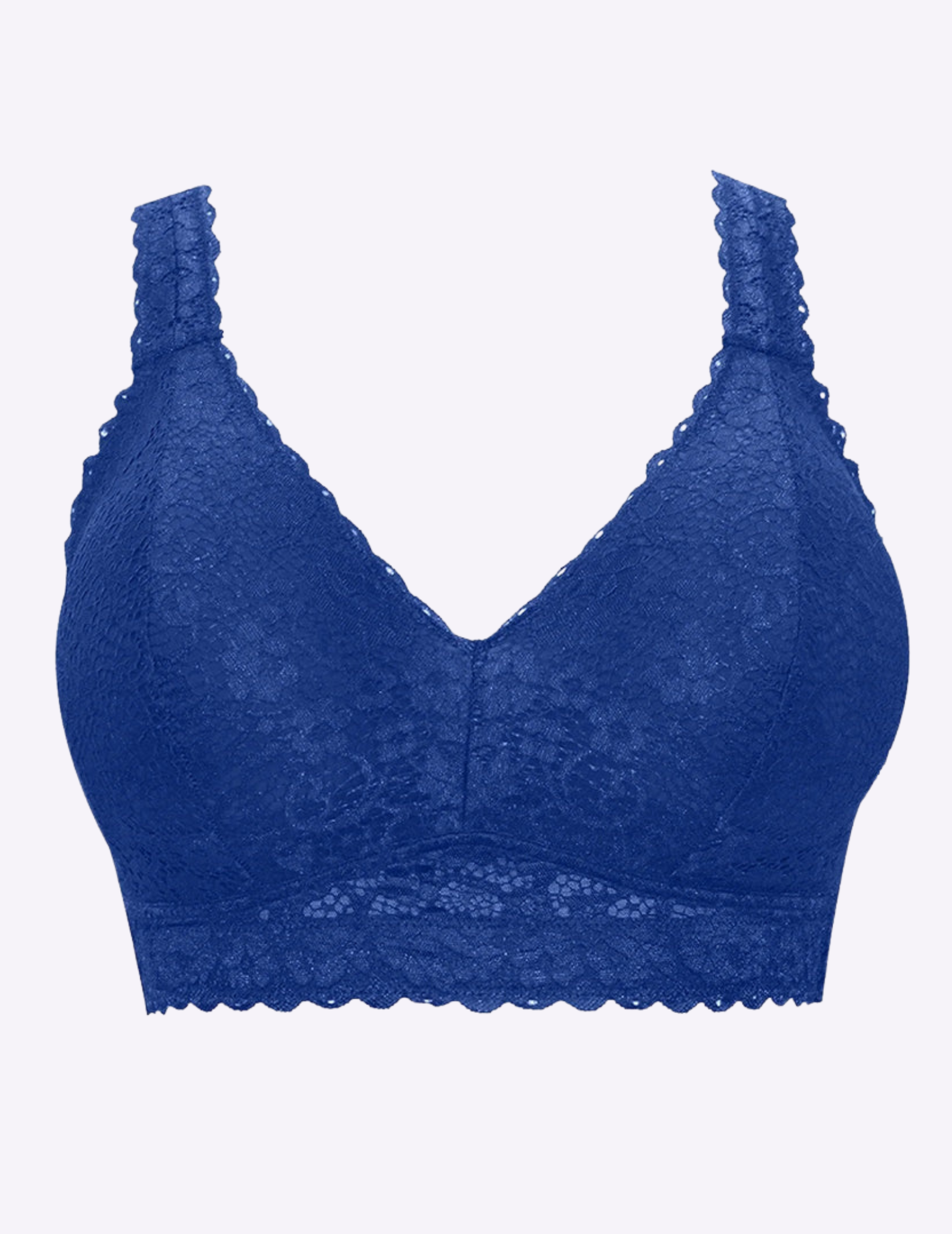 Blue Adriana lace bralette on a white background