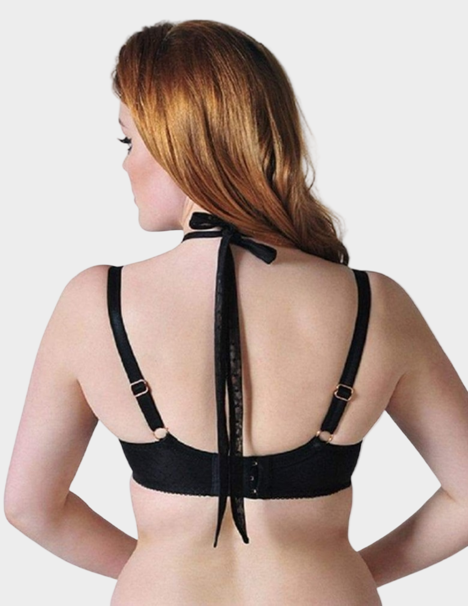 Back view of model wearing all wrapped up bra in black