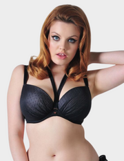 Front view of model wearing all wrapped up bra in black