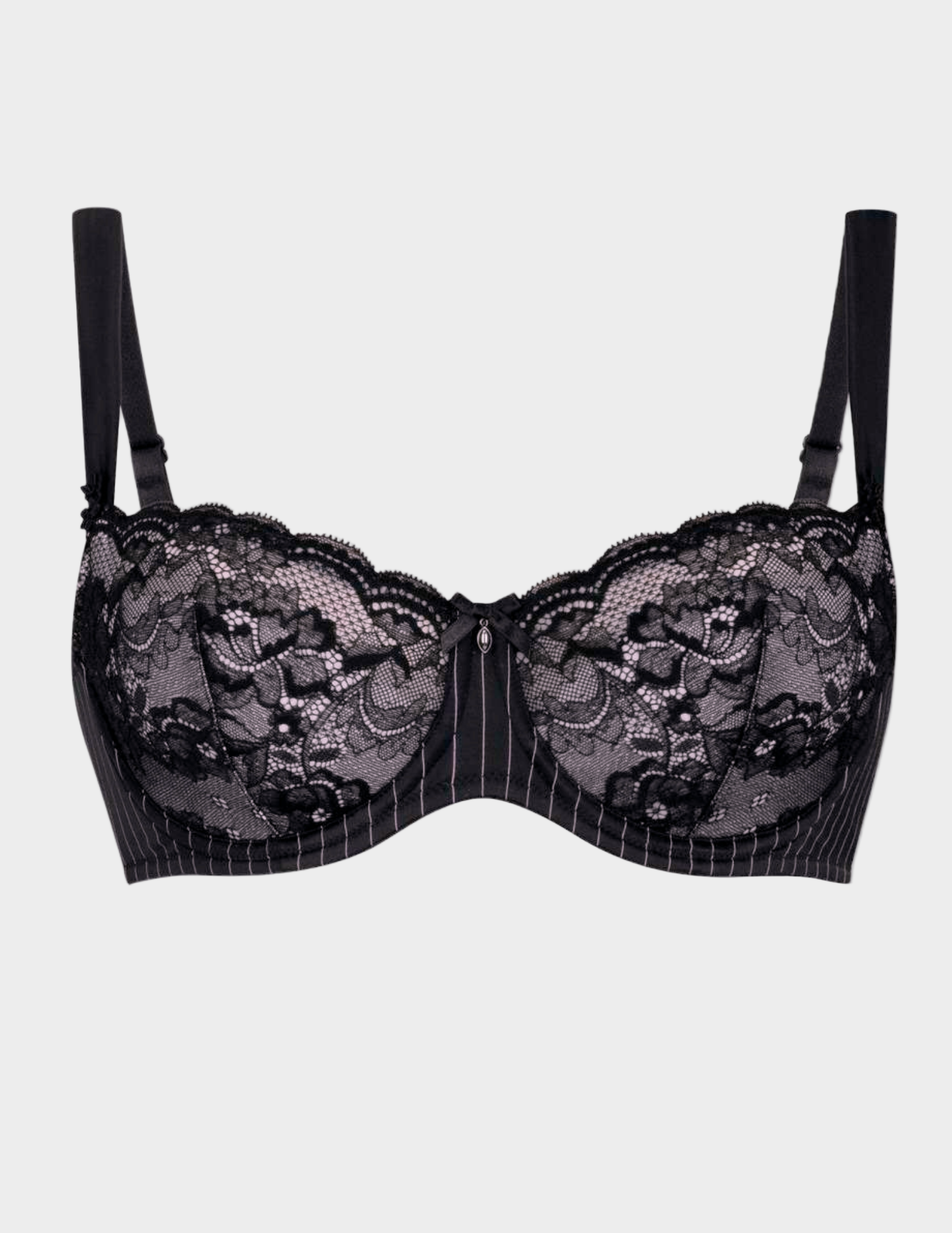 Black lace bra on a light gray background