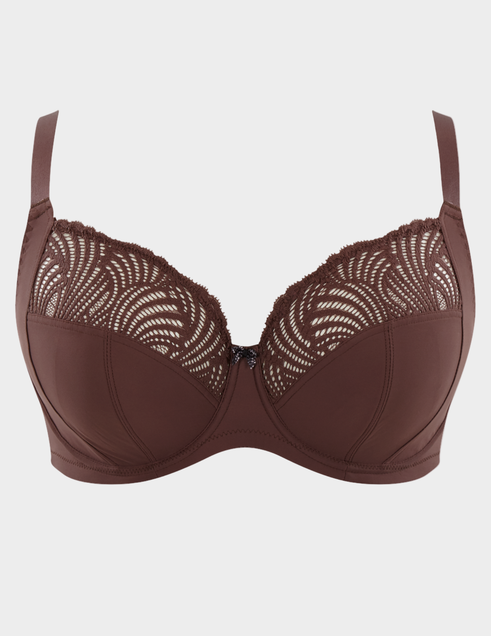 Brown balconette bra with scallop pattern lace top cup and center front bow on a white background