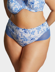front view of model wearing bliss brief in blue floral