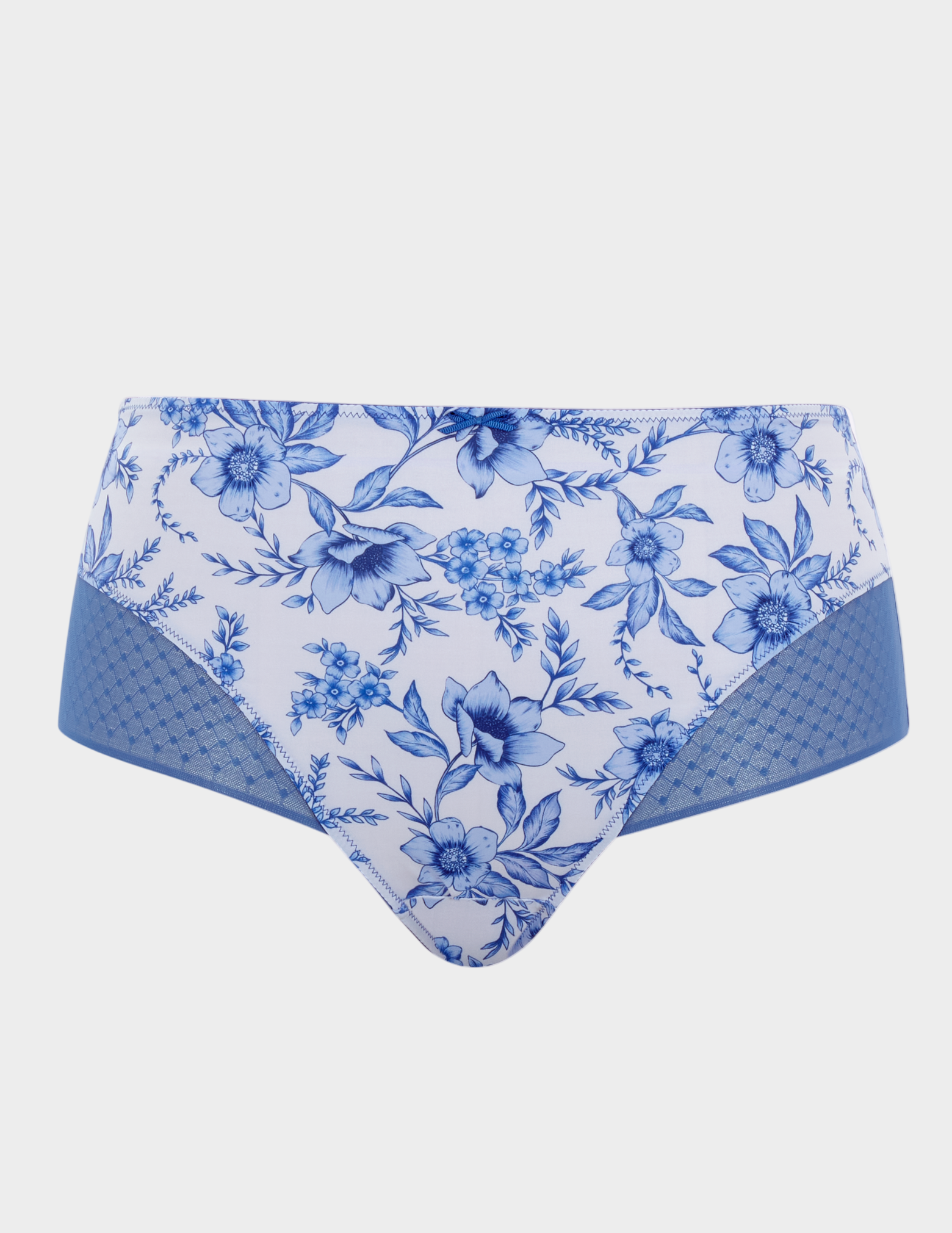 White and blue floral underwear with blue diamond mesh lace on legs