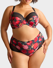 Front view of model wearing bliss brief in rose print