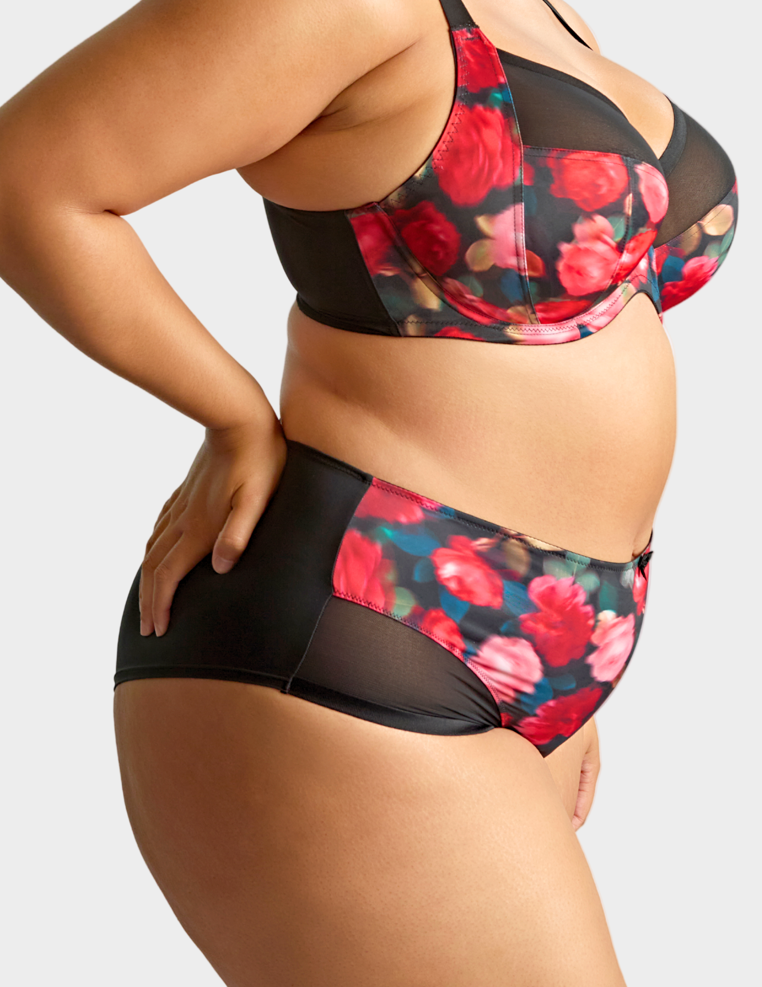 Side view of model wearing bliss brief in rose print