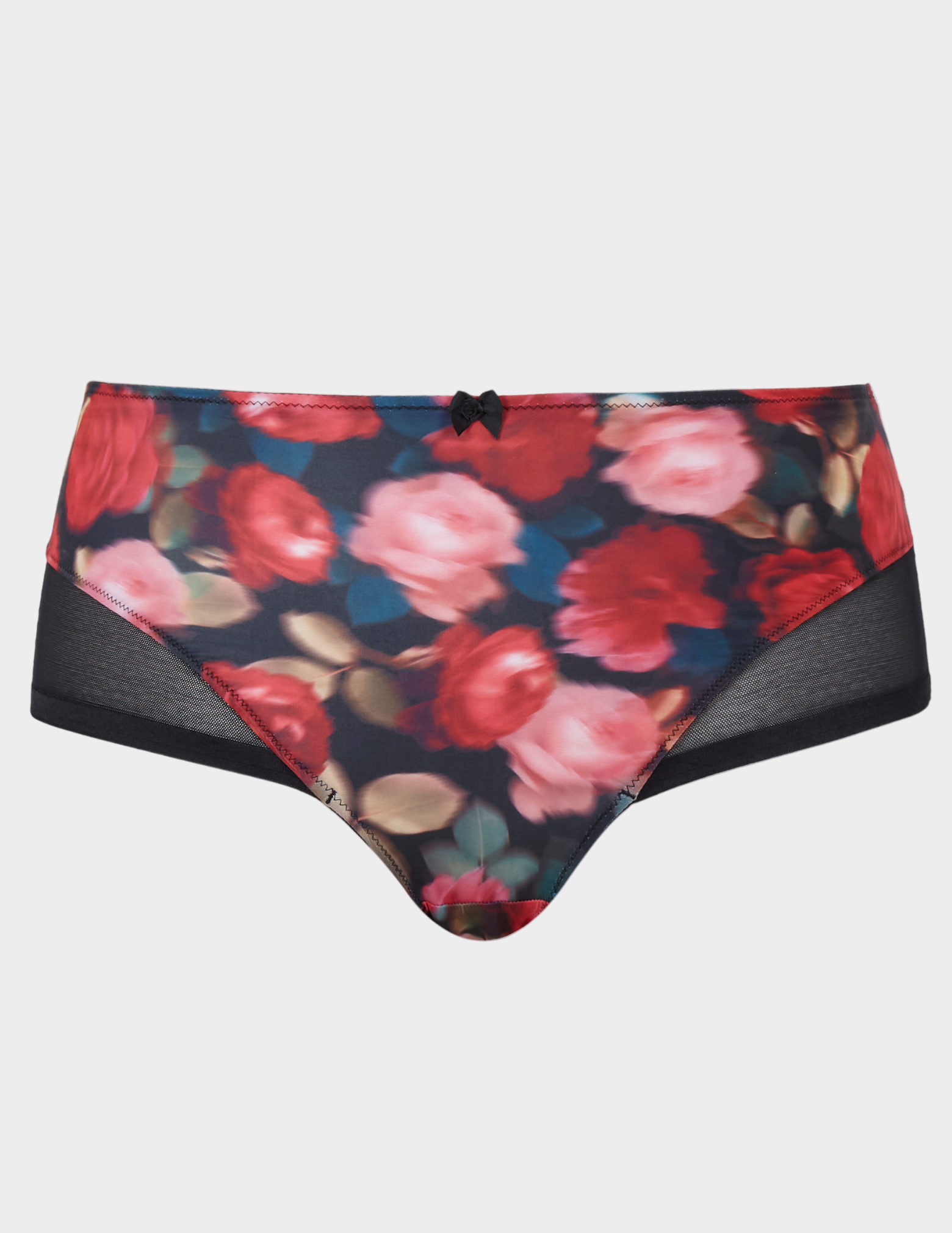 Underwear with blurred pink and red rose pattern on a black background, a black waistband bow, and sheer black mesh near legs