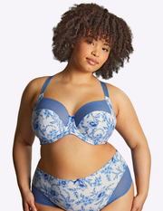 Front view of model wearing bliss bra in blue floral