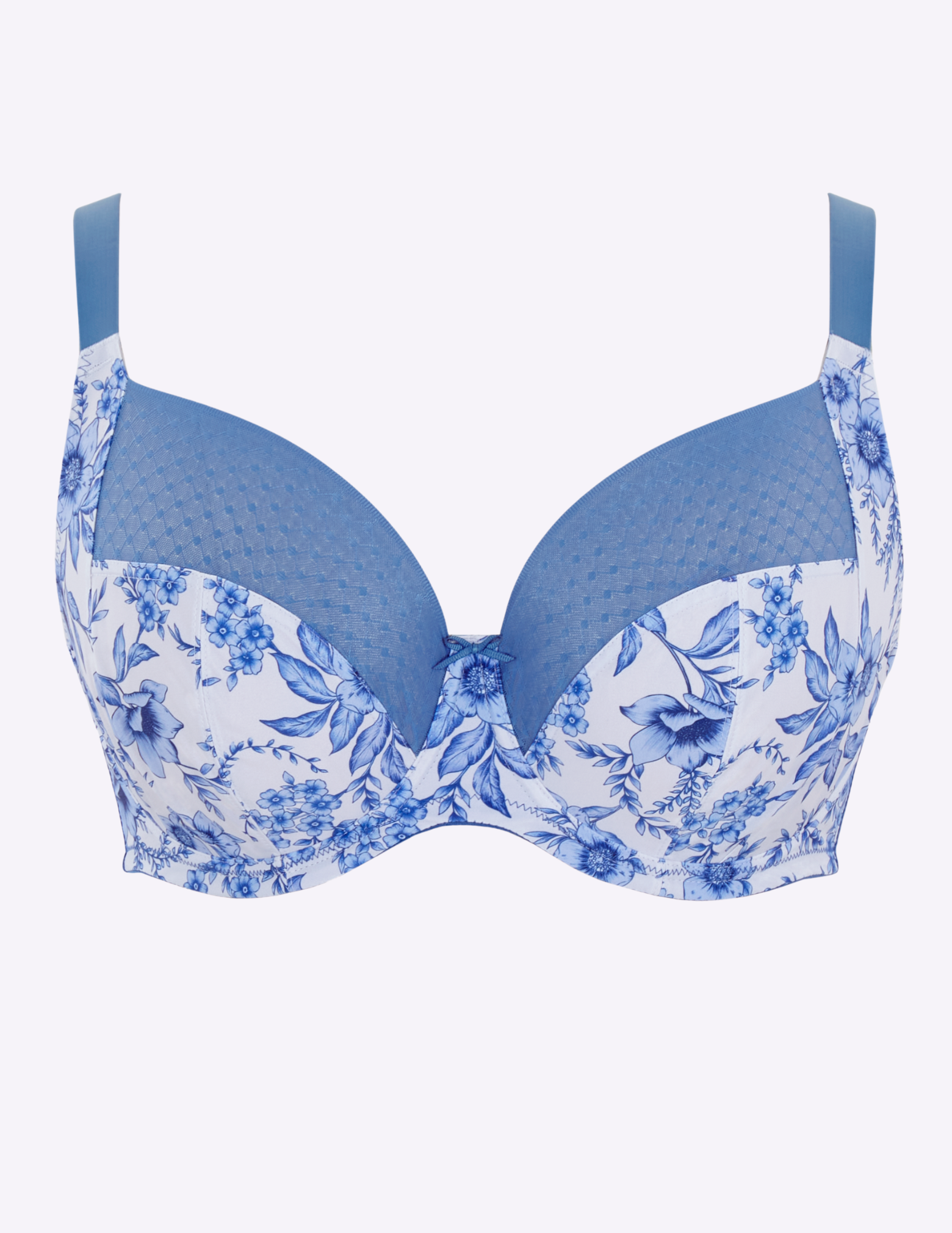 Blue and white floral bra with blue diamond mesh top cups, blue center front bow, and blue straps against a white background