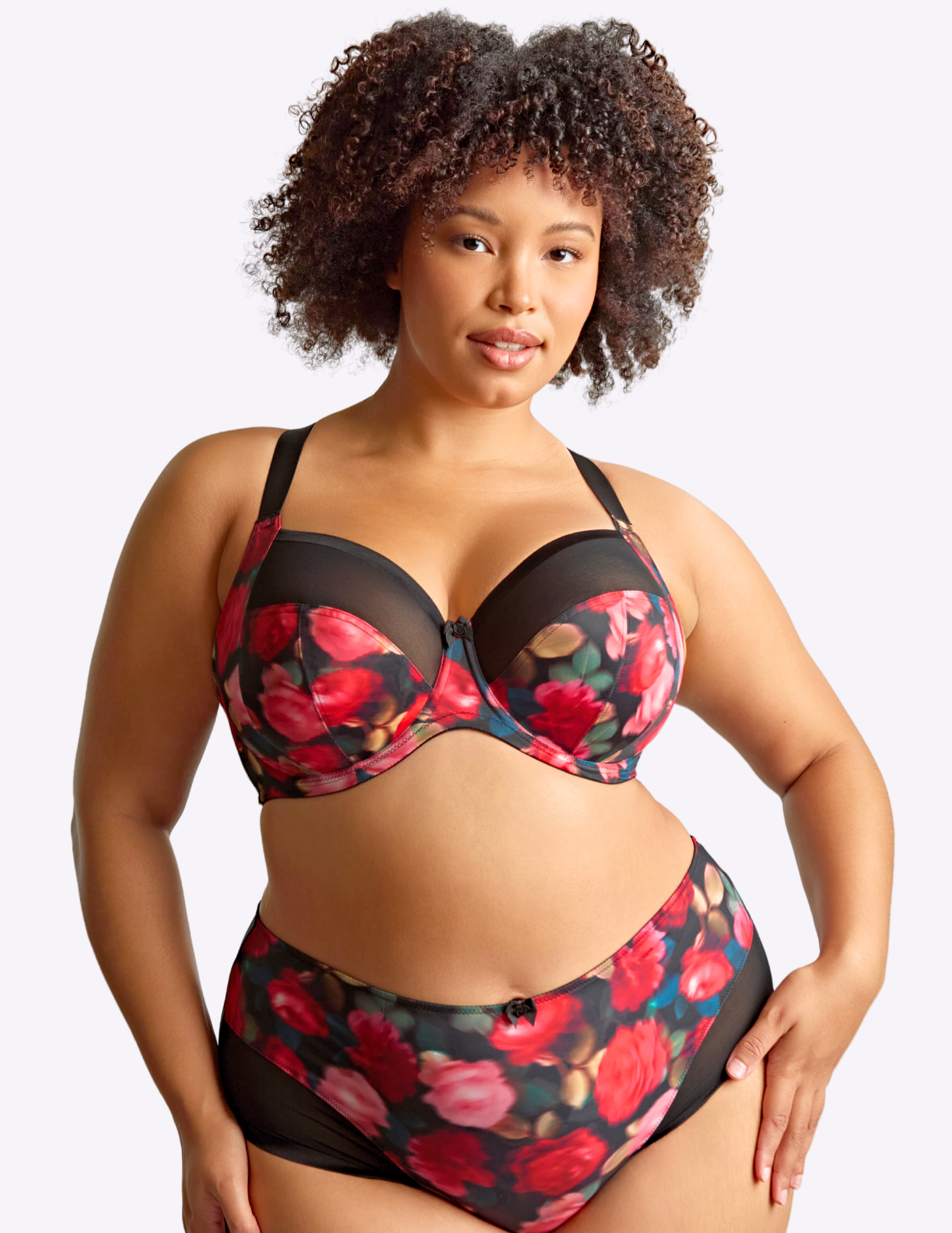 Front view of model wearing bliss bra in rose print