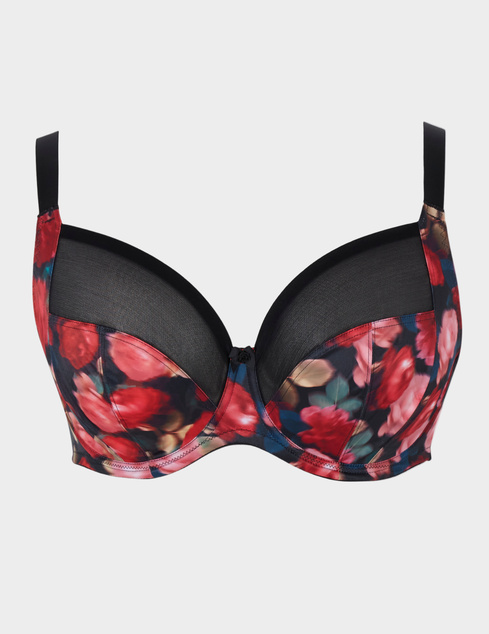 Blurry pink and red rose patterned bra with black mesh top cups, black center front bow, and black straps 