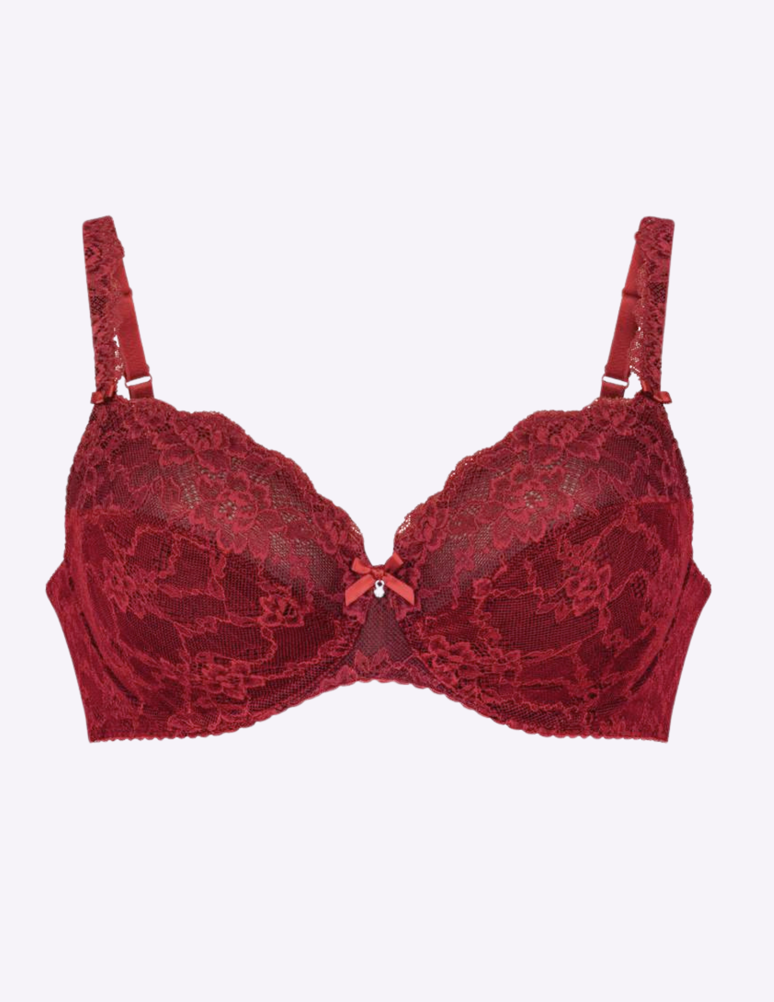 Red lace bra on a light grey background