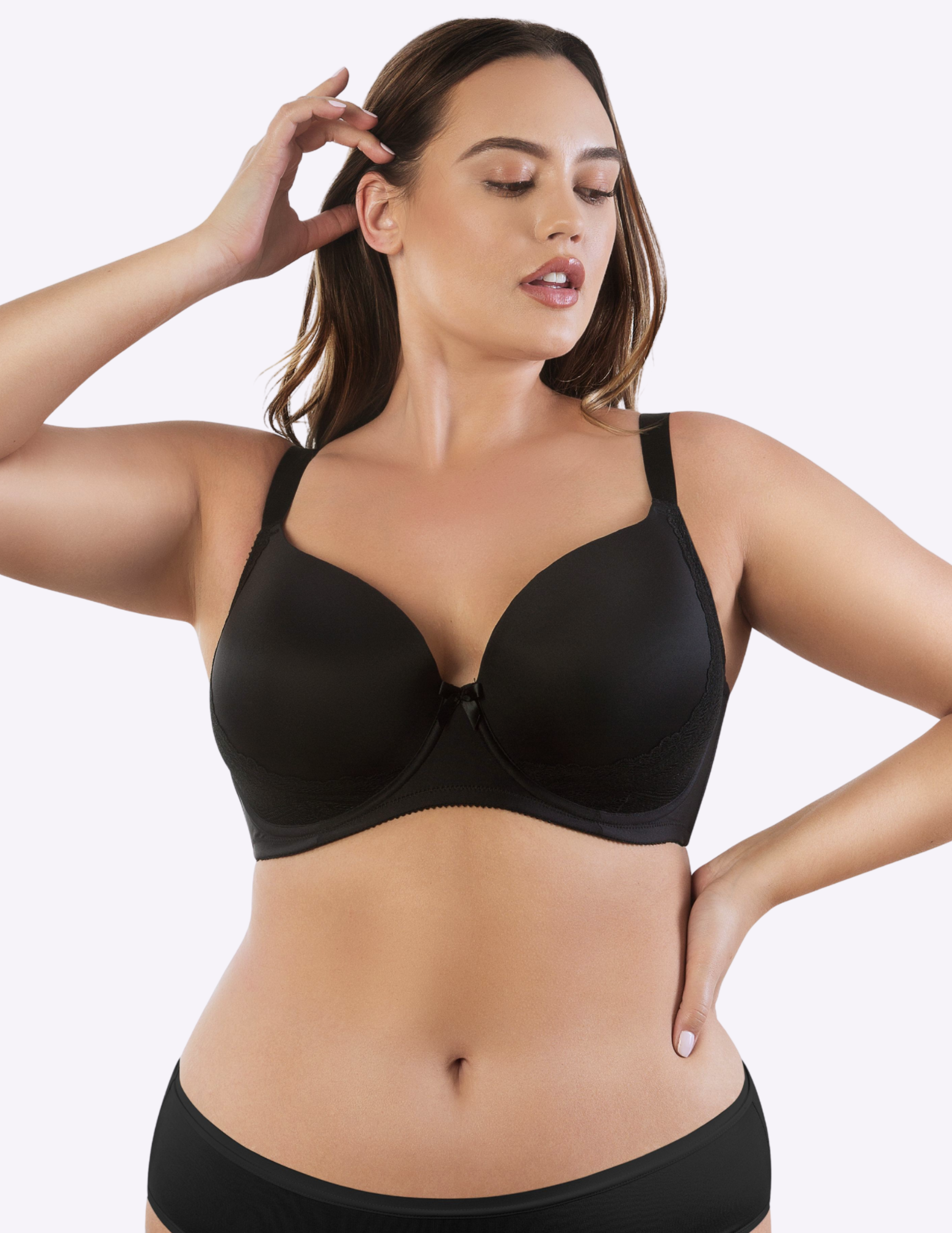 Front view of a model wearing Casey plunge t-shirt bra in Black