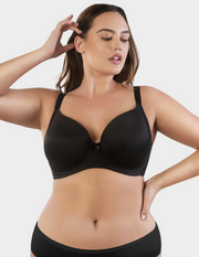 Front view of a model wearing Casey plunge t-shirt bra in Black