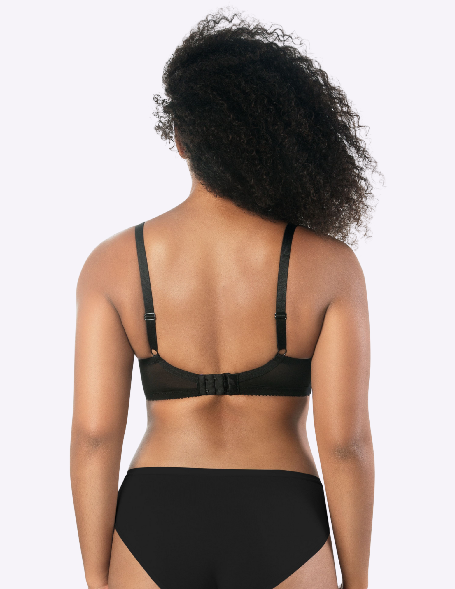 Back view of a model wearing Casey plunge t-shirt bra in Black 