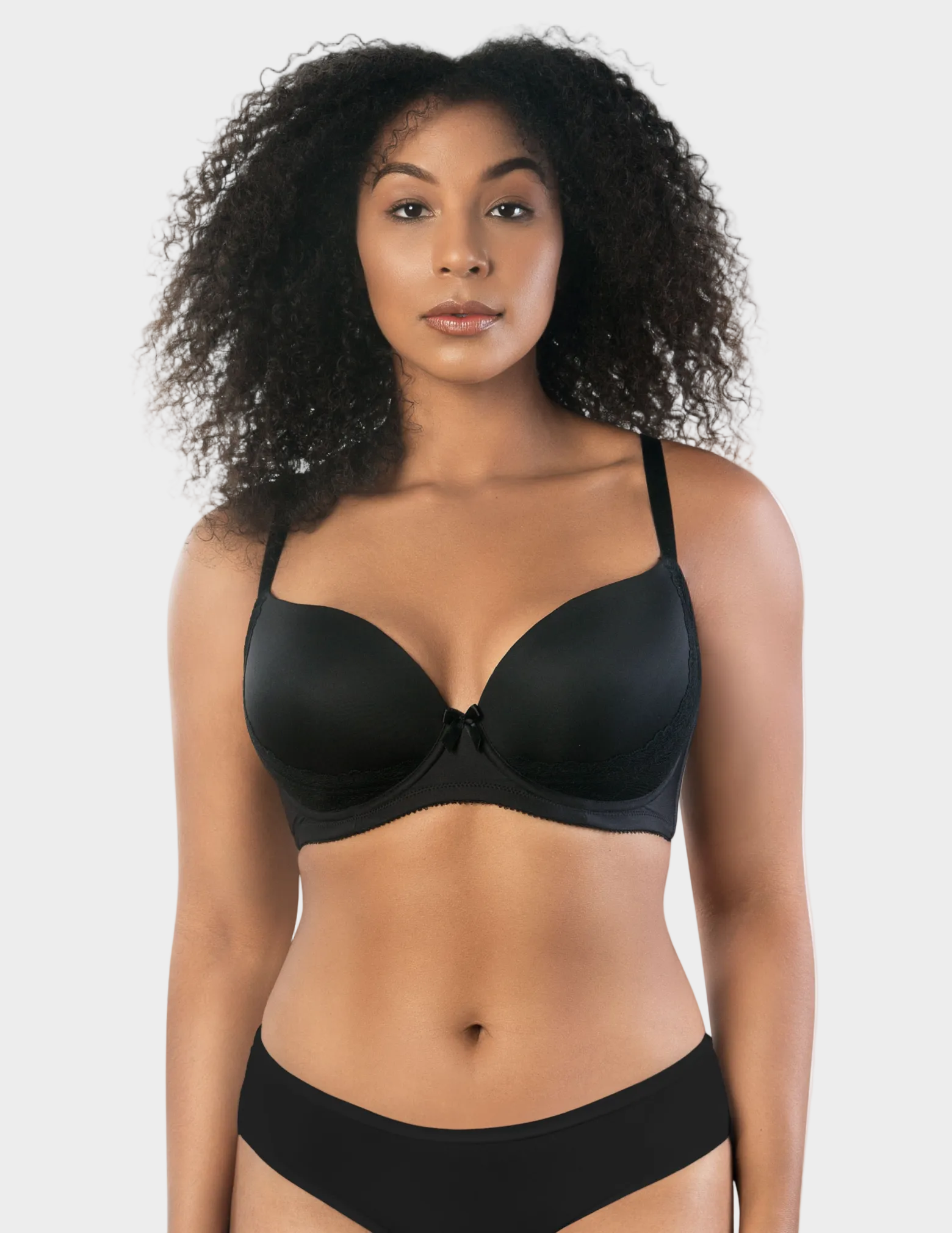 Front view of a model wearing Casey plunge t-shirt bra in Black 