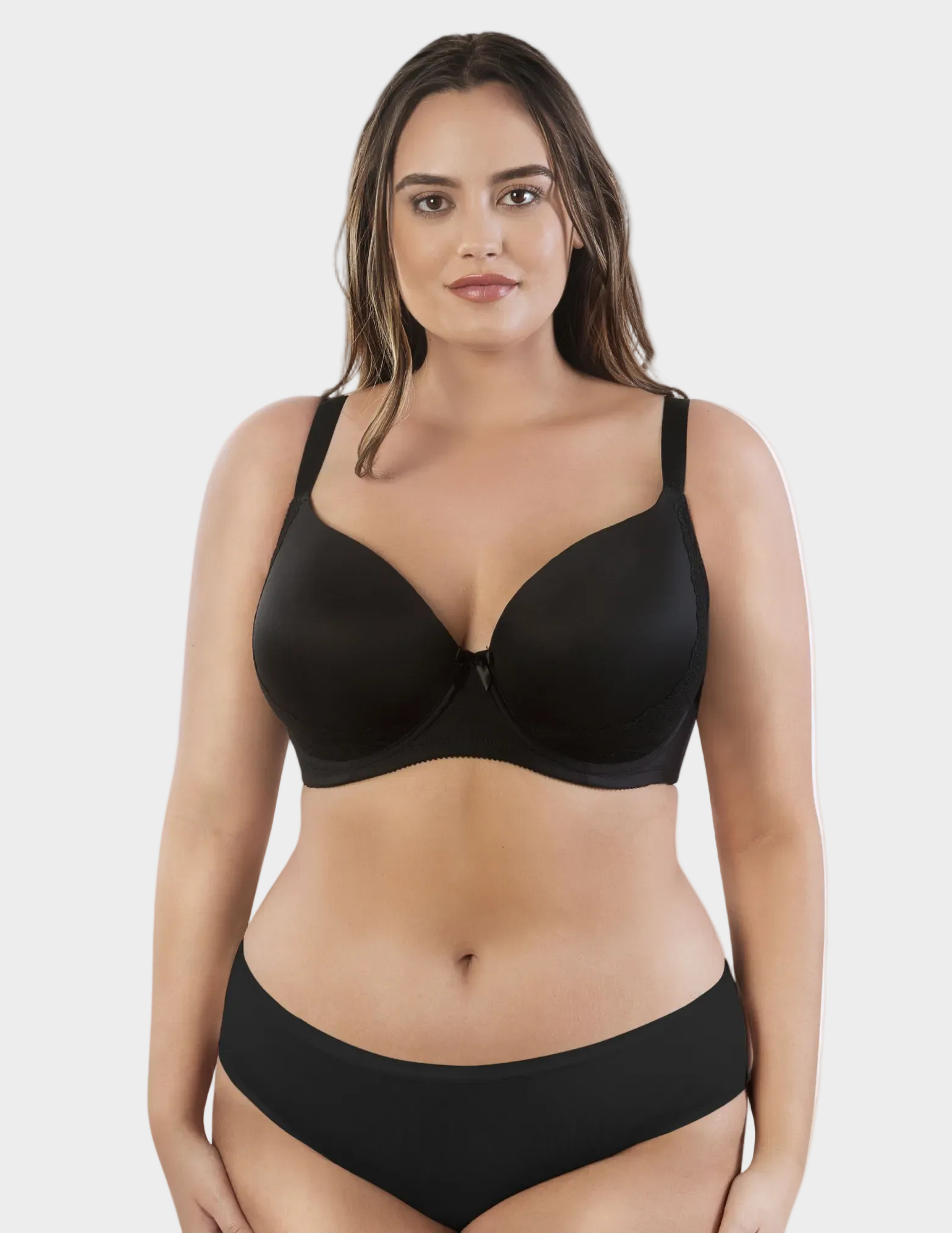 Front view of a curvy model wearing Casey plunge t-shirt bra in Black 