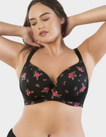 Front view of a model wearing Casey plunge t-shirt bra in Black Floral