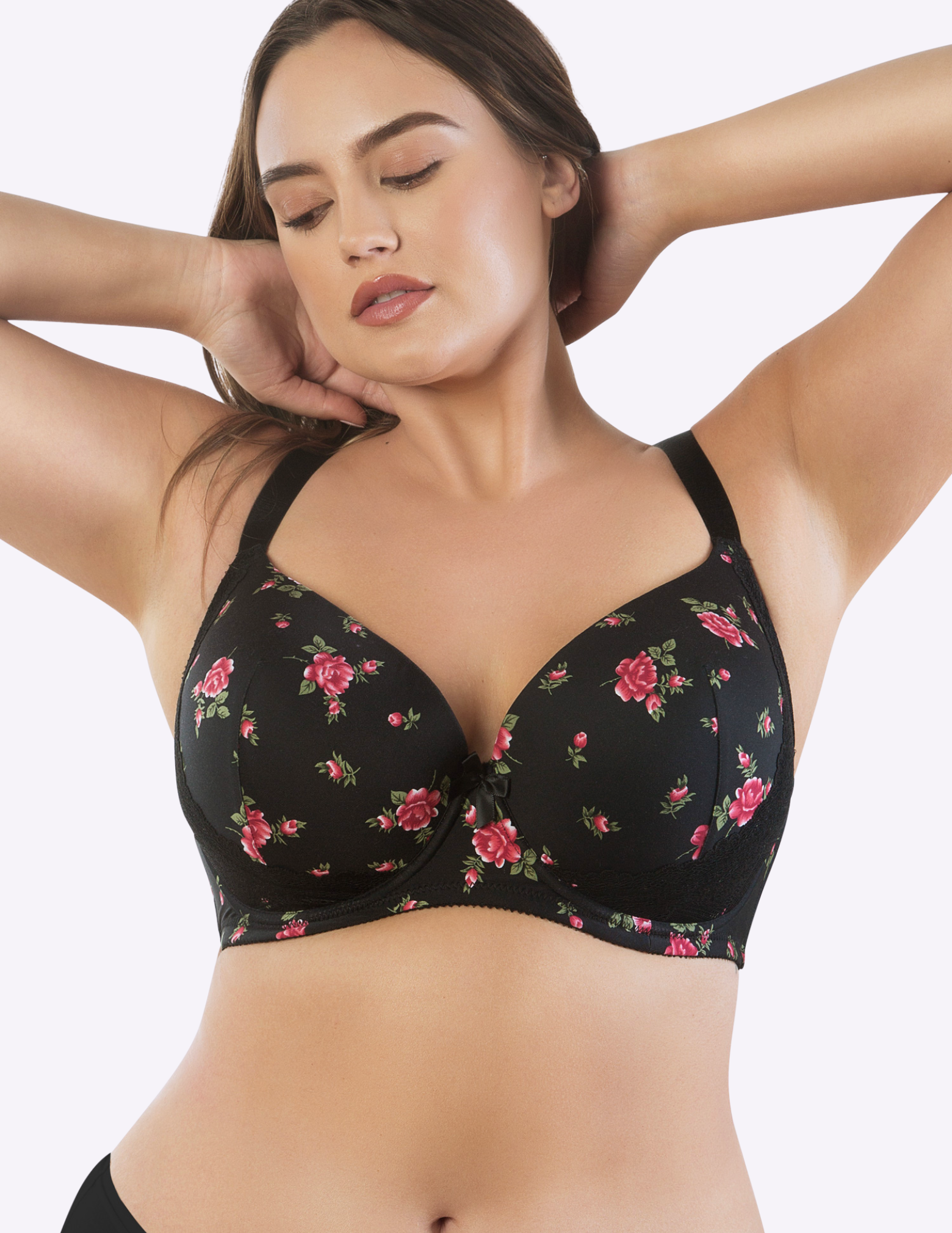 Front view of a model wearing Casey plunge t-shirt bra in Black Floral