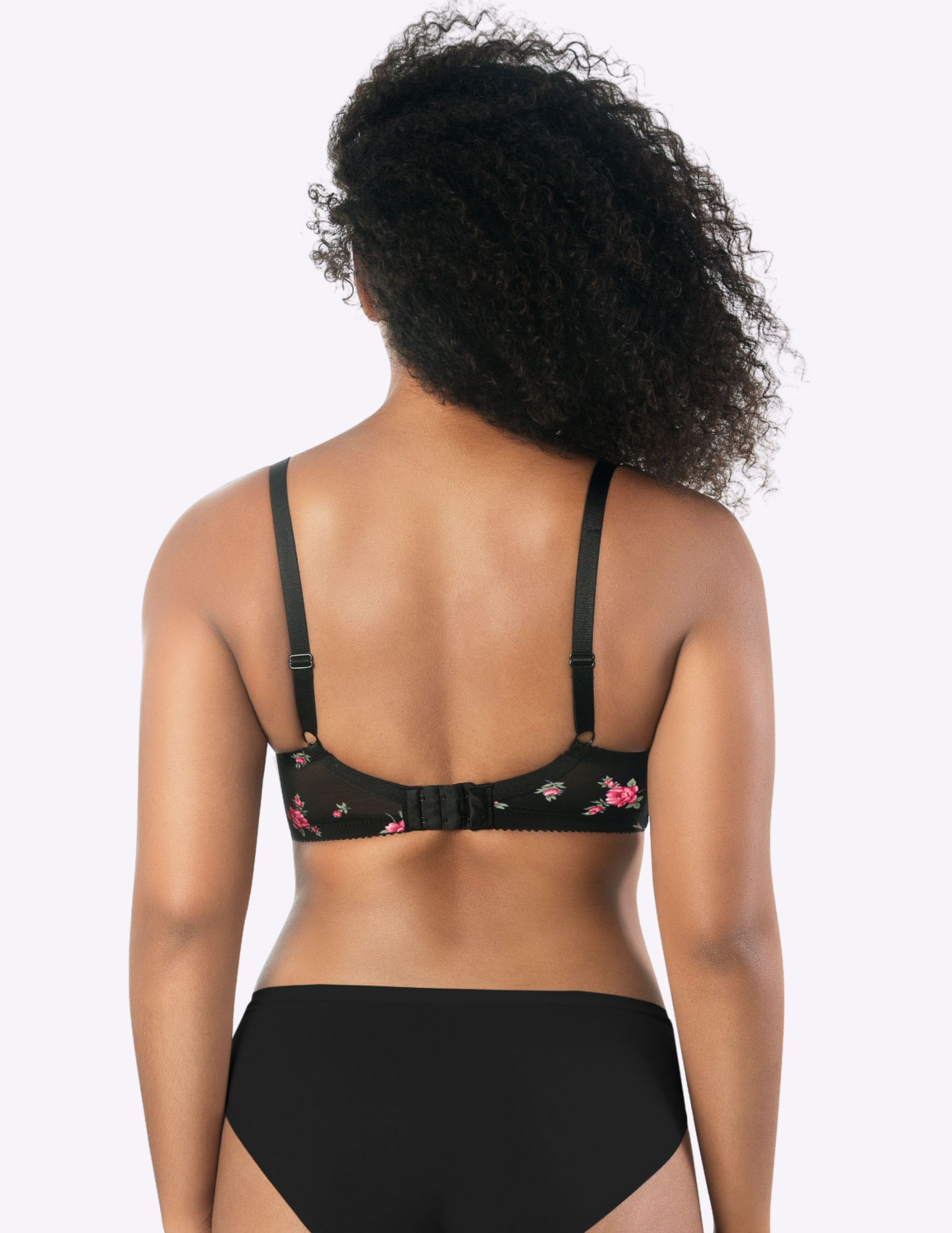 Back view of a model wearing Casey plunge t-shirt bra in Black Floral