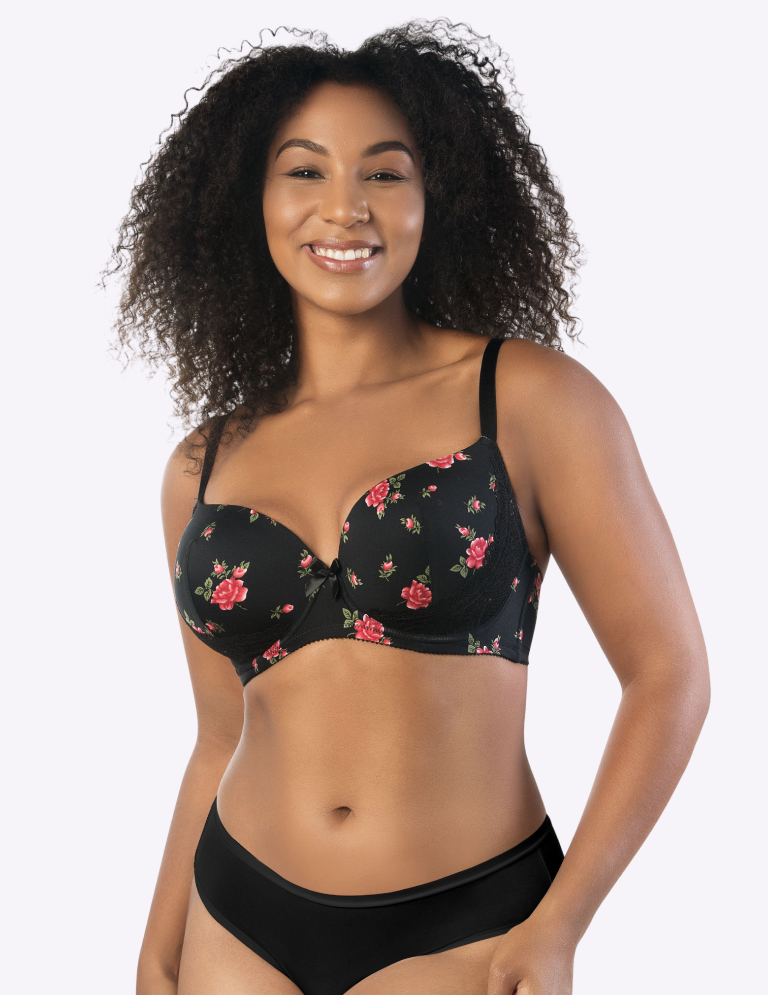 Front view of a model wearing Casey plunge t-shirt bra in Black Floral