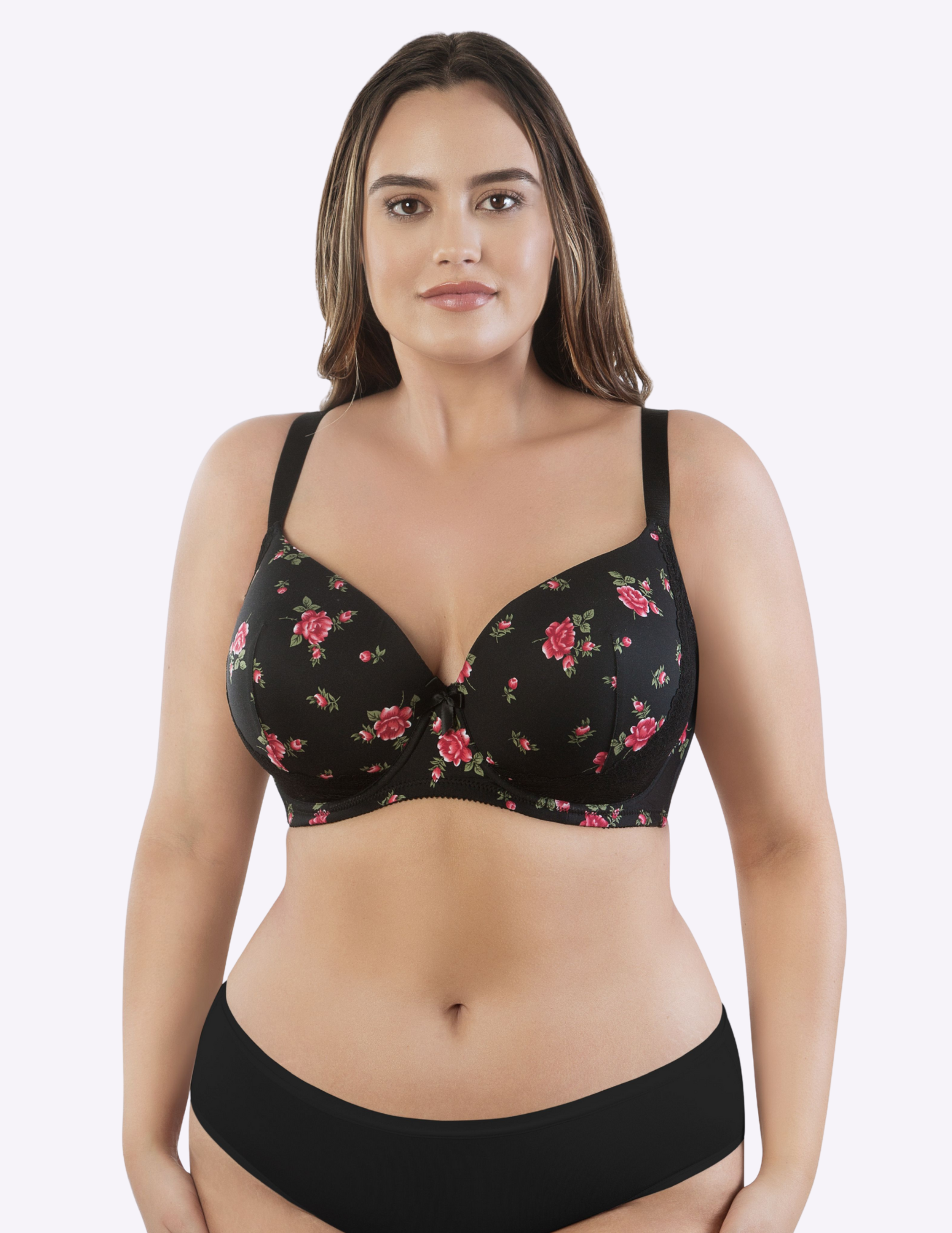 Front view of a curvy model wearing Casey plunge t-shirt bra in Black Floral