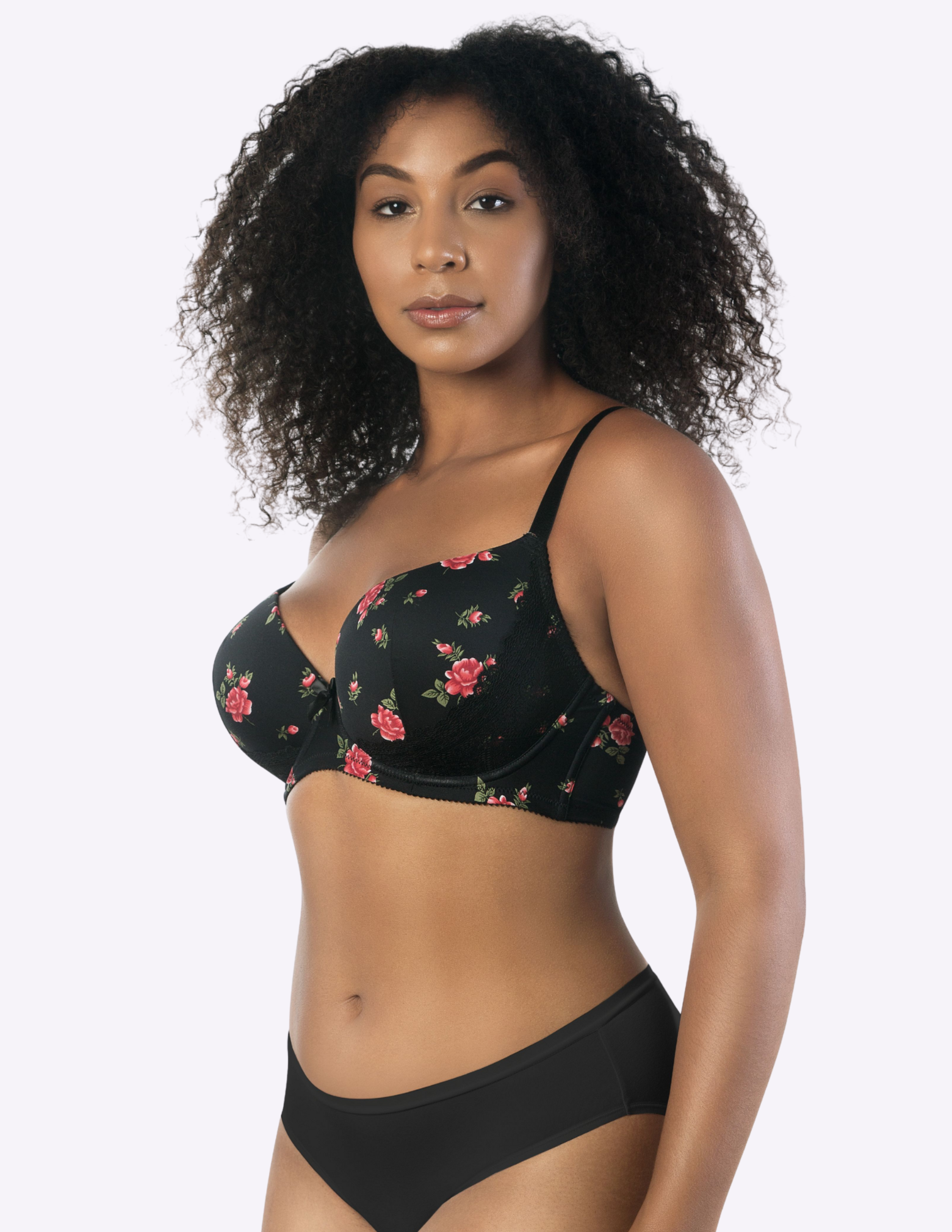Side view of a model wearing Casey plunge t-shirt bra in Black Floral