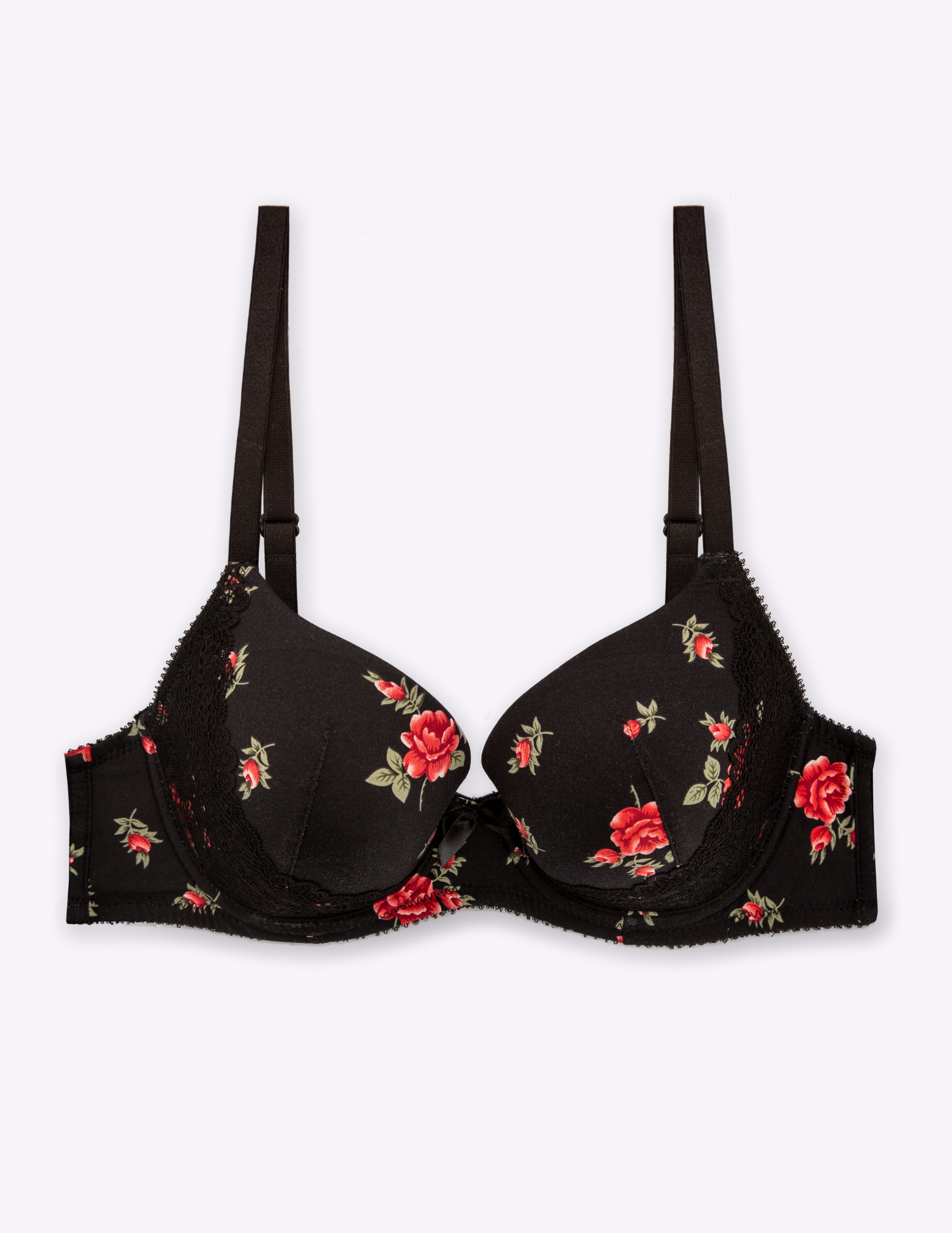 Black rose printed bra with lace side details lying flat on a white background