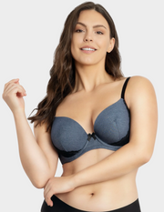 Front view of a model wearing Casey plunge t-shirt bra in denim